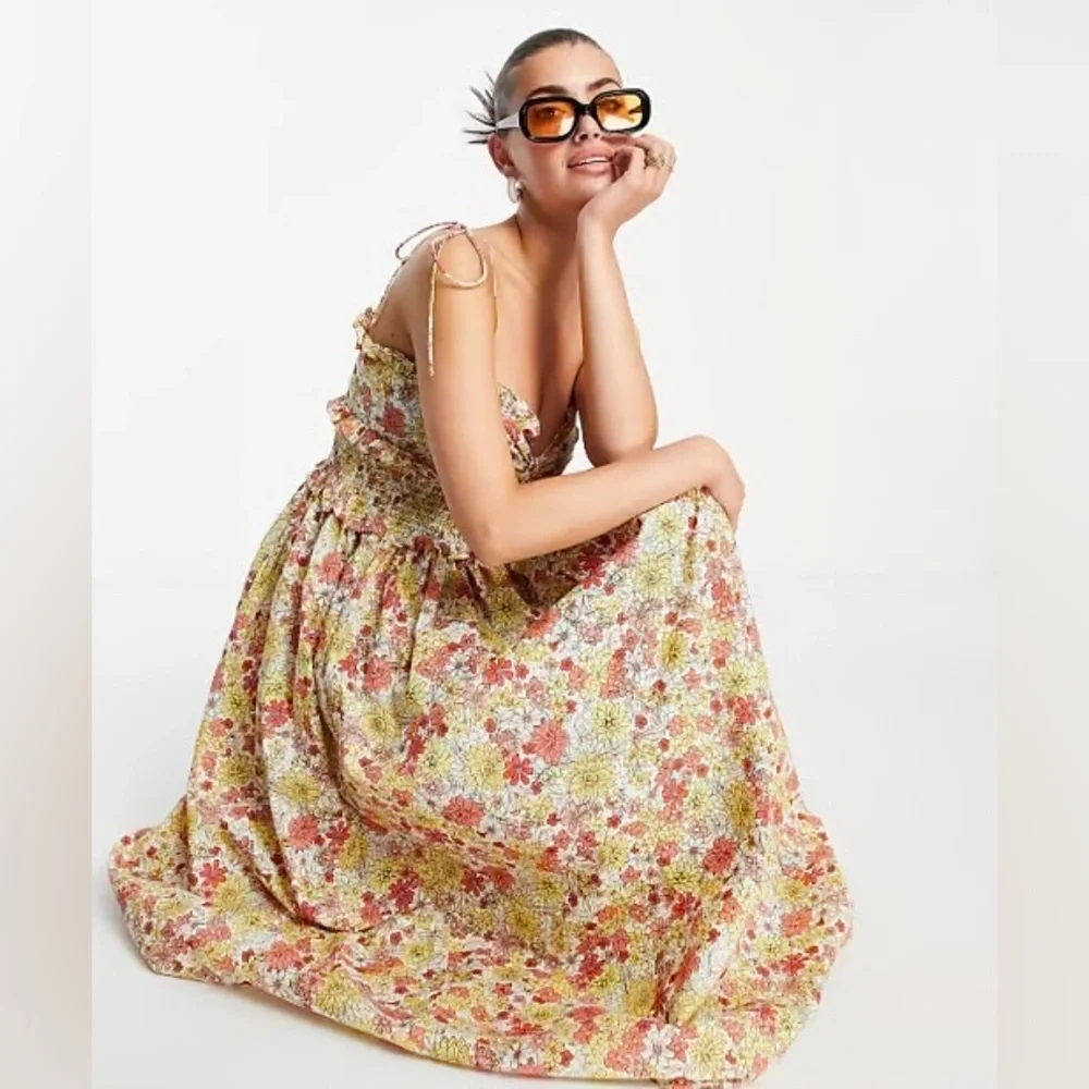 ASOS Floral Cotton Spaghetti Strap Cutout Ruffled Flowy Maxi Sundress Size 6